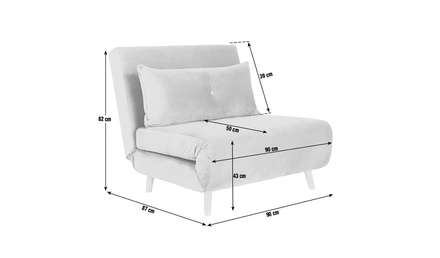 Fauteuil-lit convertible 1 place Sofashy en tissu gris chiné avec deux coussins à boutons, pieds en bois foncé