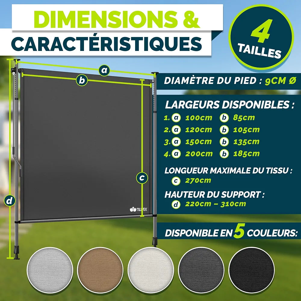 tillvex Store vertical 150 x 310 cm anthracite avec manivelle sans perçage | Brise-vue extensible et opaque | Store vertical pour balcon, terrasse, jardin | Store brise-vue résistant aux intempéries