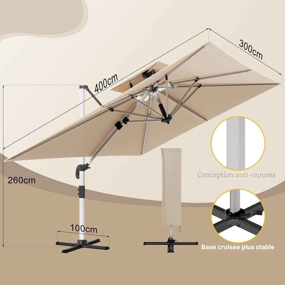 Devoko Parasol Déporté Carré, Canopée Monocouche Parasol de Jardin Extérieur en Aluminium Inclinable Toile Protection UV50+ avec Housse de Protection pour Balcon Patio Terrasse