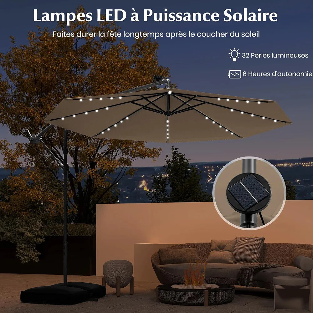 GOPLUS Parasol de Jardin Extérieur avec Pied, Parasol Déporté 3x3M, avec 40 Lampes Solaires, Toile Inclinable, Manivelle, 8 Baleines, Anti-UV, pour Terrasse Cour Patio 