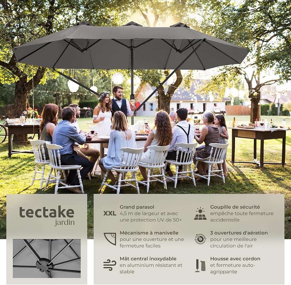 tectake® Parasol de Jardin Exterieur Parasol Double Rectangulaire à manivelle Cadre en Aluminium avec 1 Mât 460 x 270 x 241 cm, Protection UV 50+, Résistant au vent, pour Salon de jardin