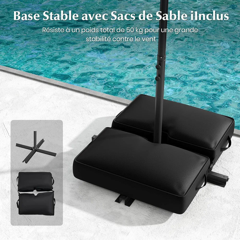 GOPLUS Parasol de Jardin Extérieur avec Pied, Parasol Déporté 3x3M, avec 40 Lampes Solaires, Toile Inclinable, Manivelle, 8 Baleines, Anti-UV, pour Terrasse Cour Patio 