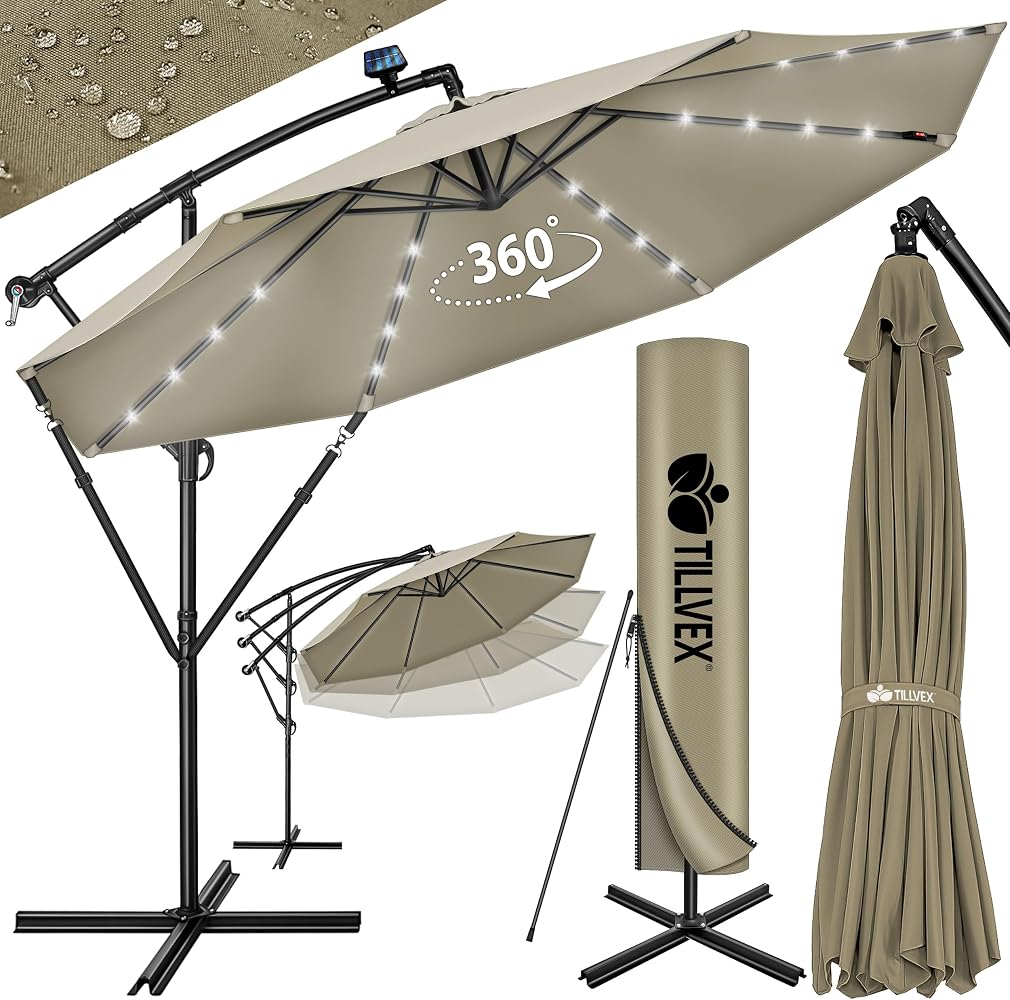 tillvex Parasol déporté LED solaire hexagonale 3M avec manivelle | Pare-soleil avec pied | Protection UV en aluminium pour le jardin | Parasol à manivelle pour le marché déperlant