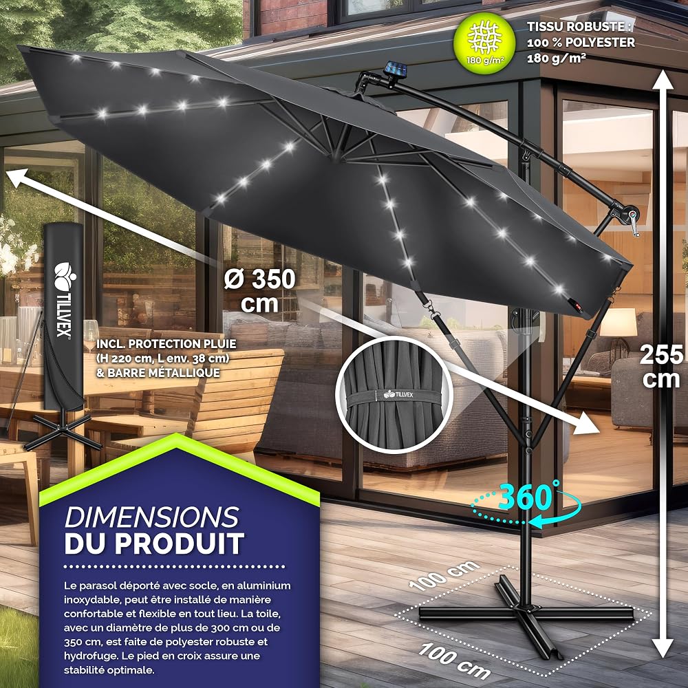 tillvex Parasol déporté LED solaire hexagonale 3M avec manivelle | Pare-soleil avec pied | Protection UV en aluminium pour le jardin | Parasol à manivelle pour le marché déperlant