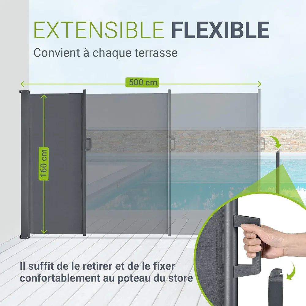 Juskys Store latéral 160 x 500 cm Extensible et Opaque, Brise-Vue pour Balcon, terrasse et Jardin, Auvent latéral avec Support Mural, Protection Solaire en Acier & Tissu Impermeable - Gris foncé