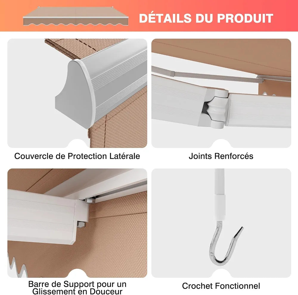 RELAX4LIFE Store Banne Manuel Rétractable avec Manivelle, Auvent Balcon en Polyester Anti-UV, Cadre en Alu, Inclinaison 40°-100°, Store Banne pour Porte, Fenêtre, Terrasse 
