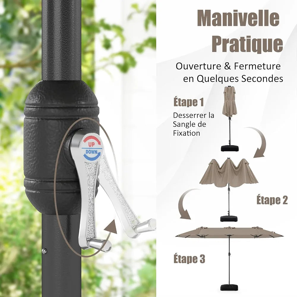 GOPLUS Grand Parasol de Jardin Exterieur avec Pied, 4M Parasol Rectangulaire Double Face pour 6 Personnes avec LED, Manivelle et Ventilation, pour Marché, Piscine, Terrasse, Balcon 