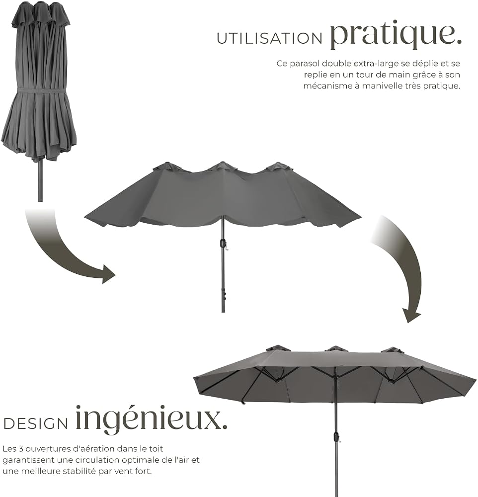 tectake® Parasol de Jardin Exterieur Parasol Double Rectangulaire à manivelle Cadre en Aluminium avec 1 Mât 460 x 270 x 241 cm, Protection UV 50+, Résistant au vent, pour Salon de jardin