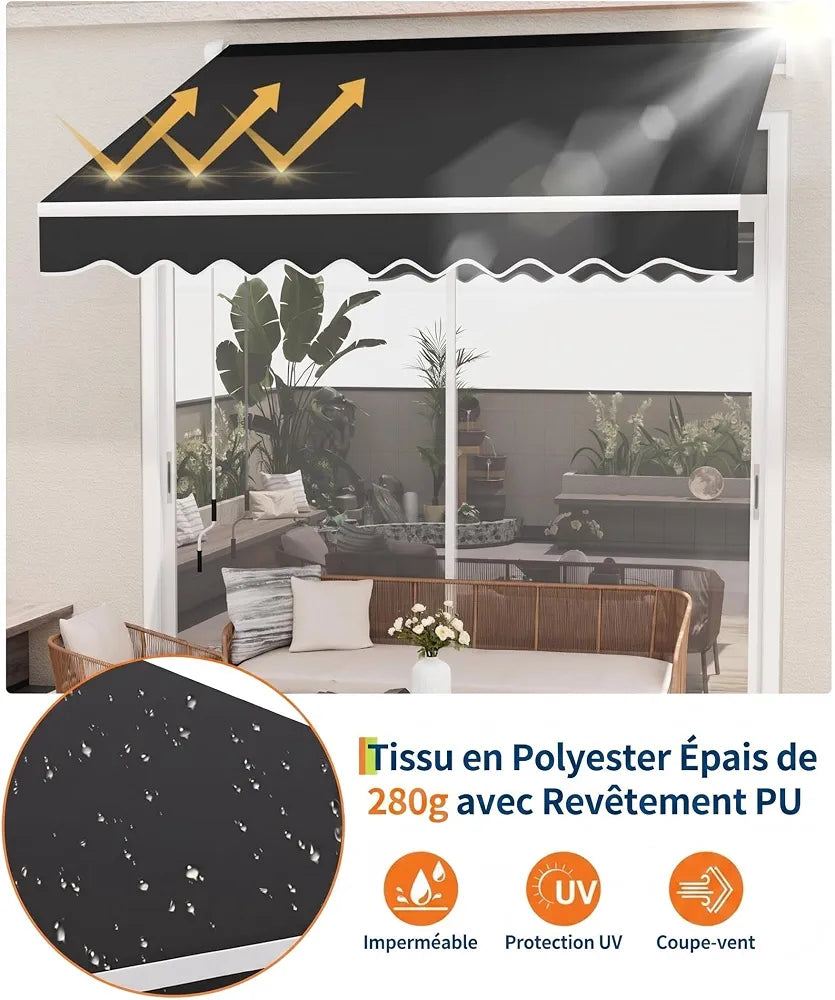 Garvee Store banne articulé extensionérieur 350x250cm – Protection UV50+, résistant à l'eau – Longueur et Angle réglables – Manivelle, Fixation fresquee – Idéal terrasse, Balcon – Noir, 11,5x8FT