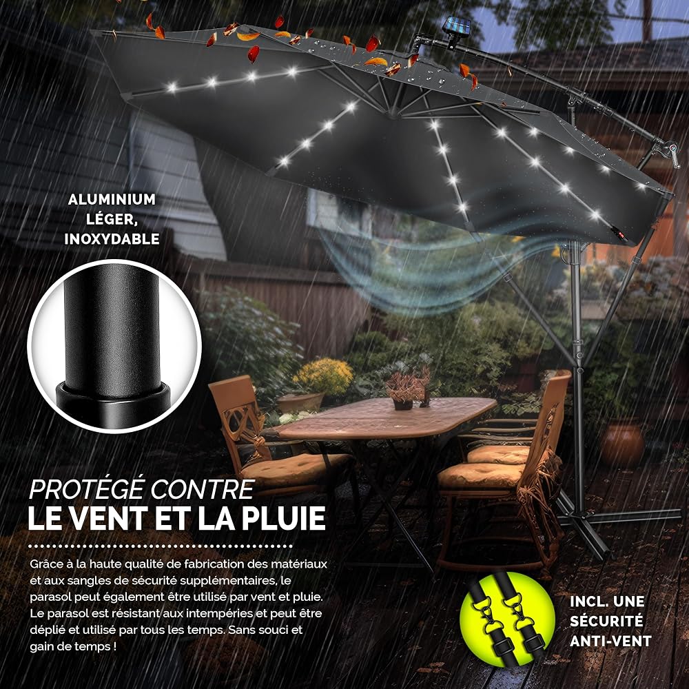 tillvex Parasol déporté LED solaire hexagonale 3M avec manivelle | Pare-soleil avec pied | Protection UV en aluminium pour le jardin | Parasol à manivelle pour le marché déperlant