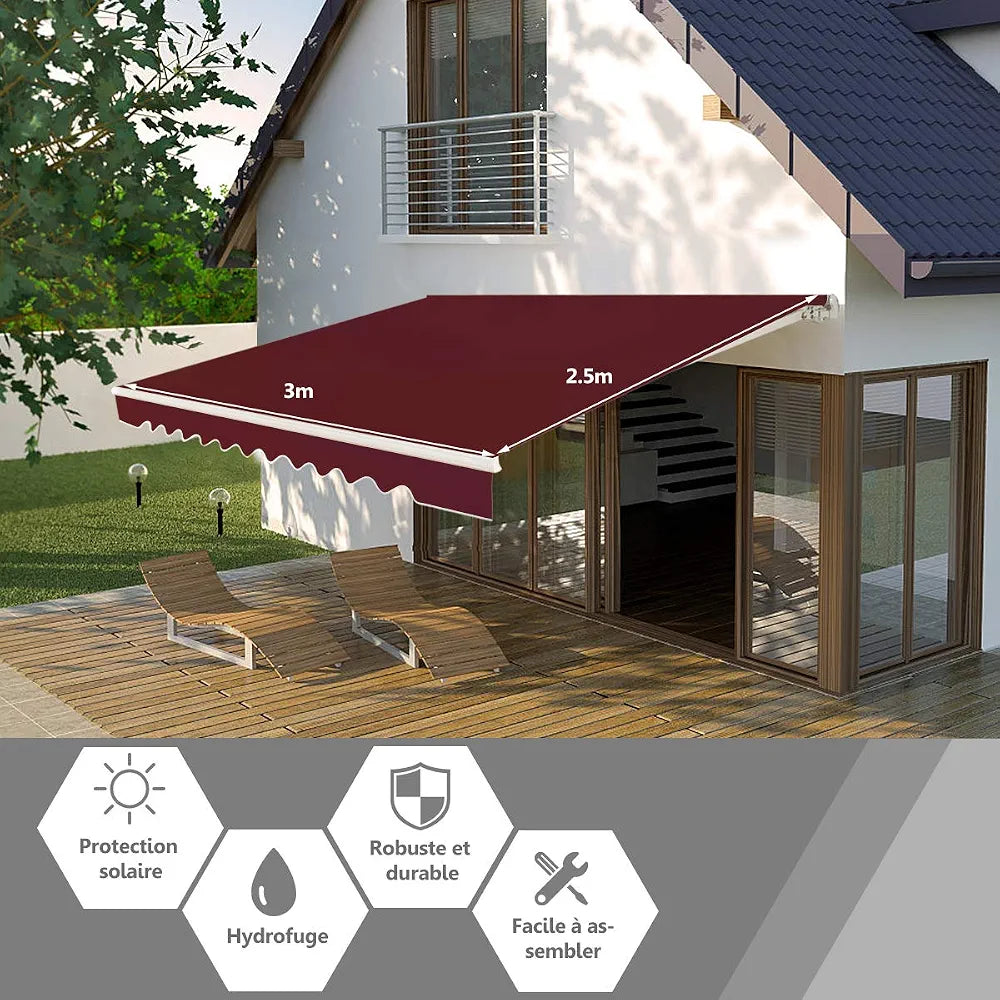 COSTWAY Store Banne de Manuel Rétractable de 3 x 2,5M Angle Réglable 5-35°, Auvent de Terrasse avec Tissu Résistant aux UV et à l'eau Cadre en Aluminium, pour Jardin Terrasse 