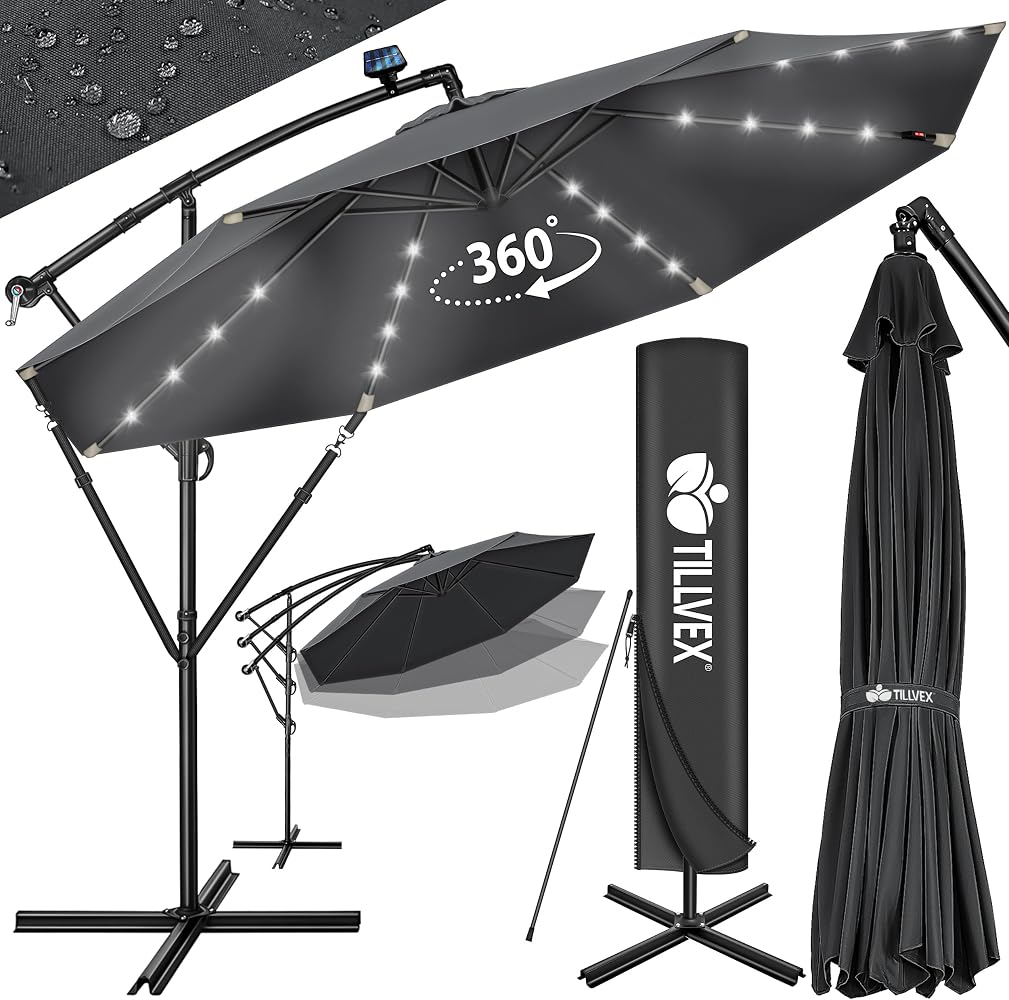 tillvex Parasol déporté LED solaire hexagonale 3M avec manivelle | Pare-soleil avec pied | Protection UV en aluminium pour le jardin | Parasol à manivelle pour le marché déperlant