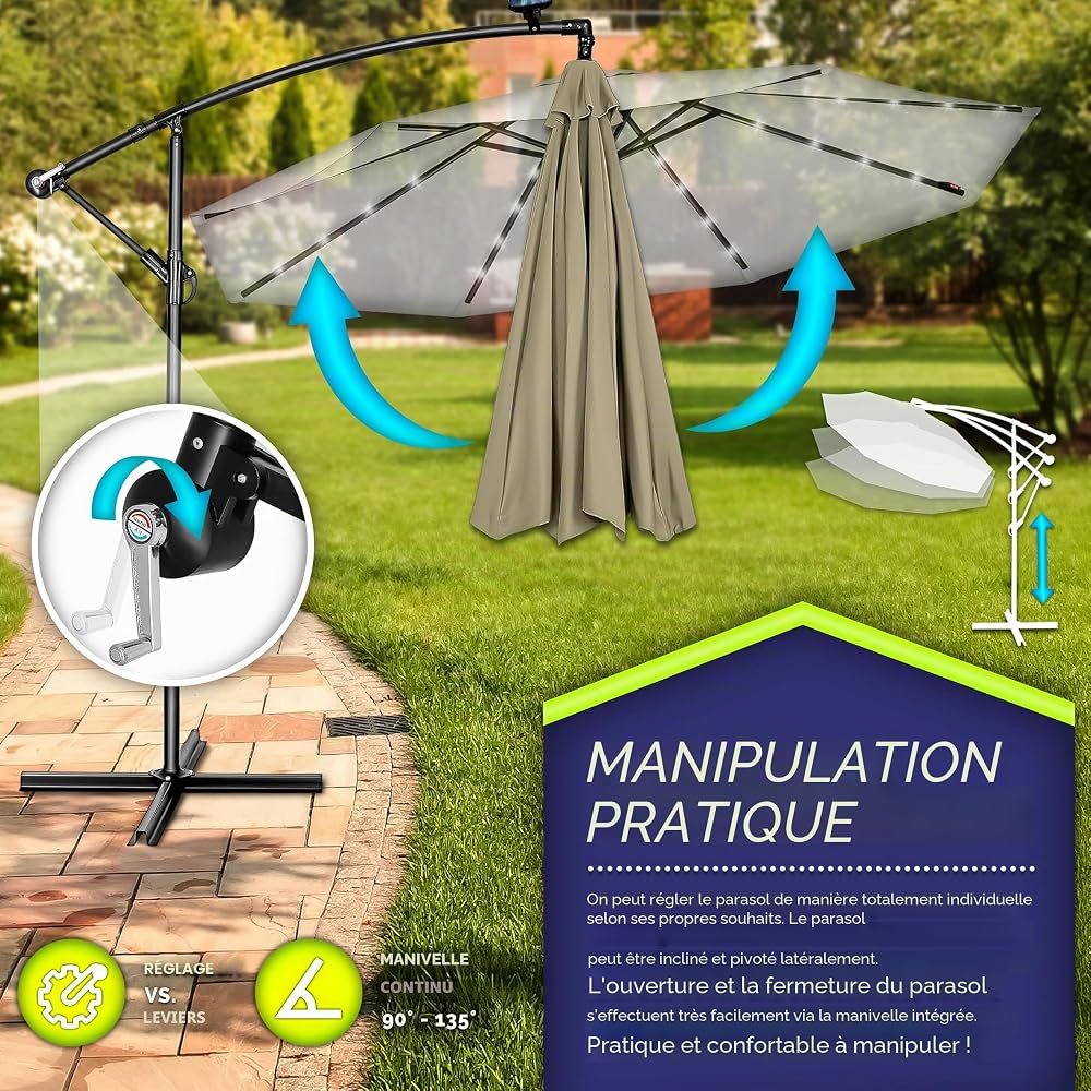 tillvex Parasol déporté LED solaire hexagonale 3M avec manivelle | Pare-soleil avec pied | Protection UV en aluminium pour le jardin | Parasol à manivelle pour le marché déperlant