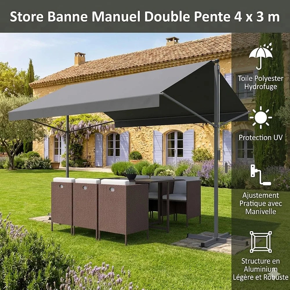 Store Banne Double Pente ISEO 4x3 m Manuel Gris Toile Waterproof 250 g/m²
