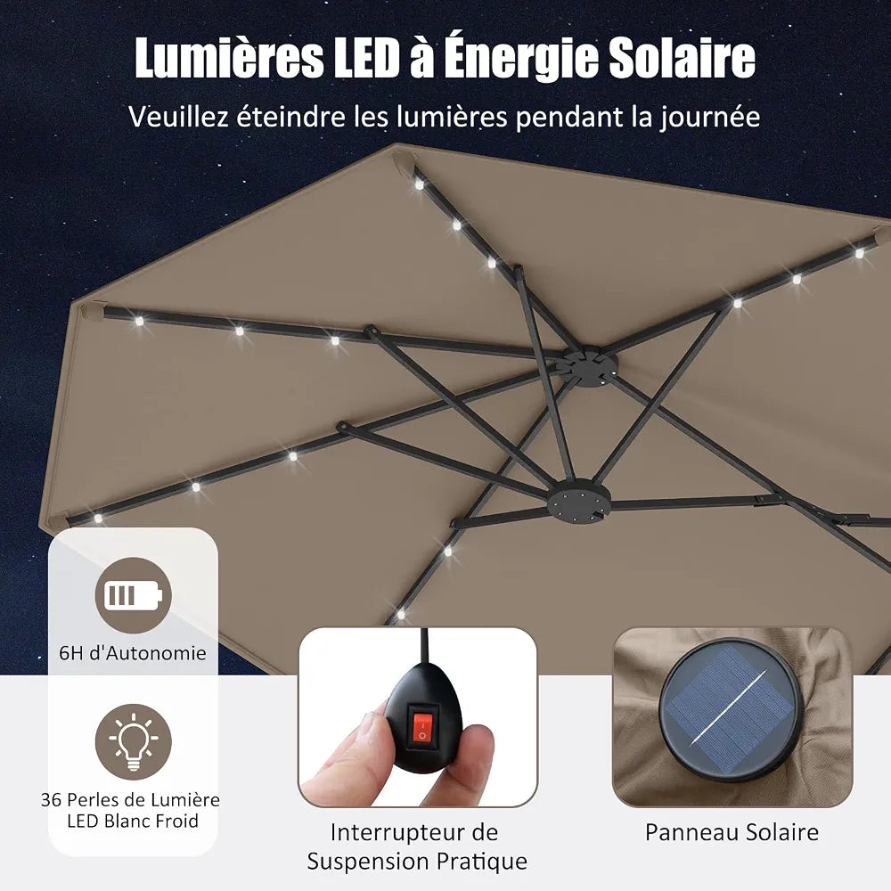 GOPLUS Grand Parasol de Jardin Exterieur avec Pied, 4M Parasol Rectangulaire Double Face pour 6 Personnes avec LED, Manivelle et Ventilation, pour Marché, Piscine, Terrasse, Balcon 