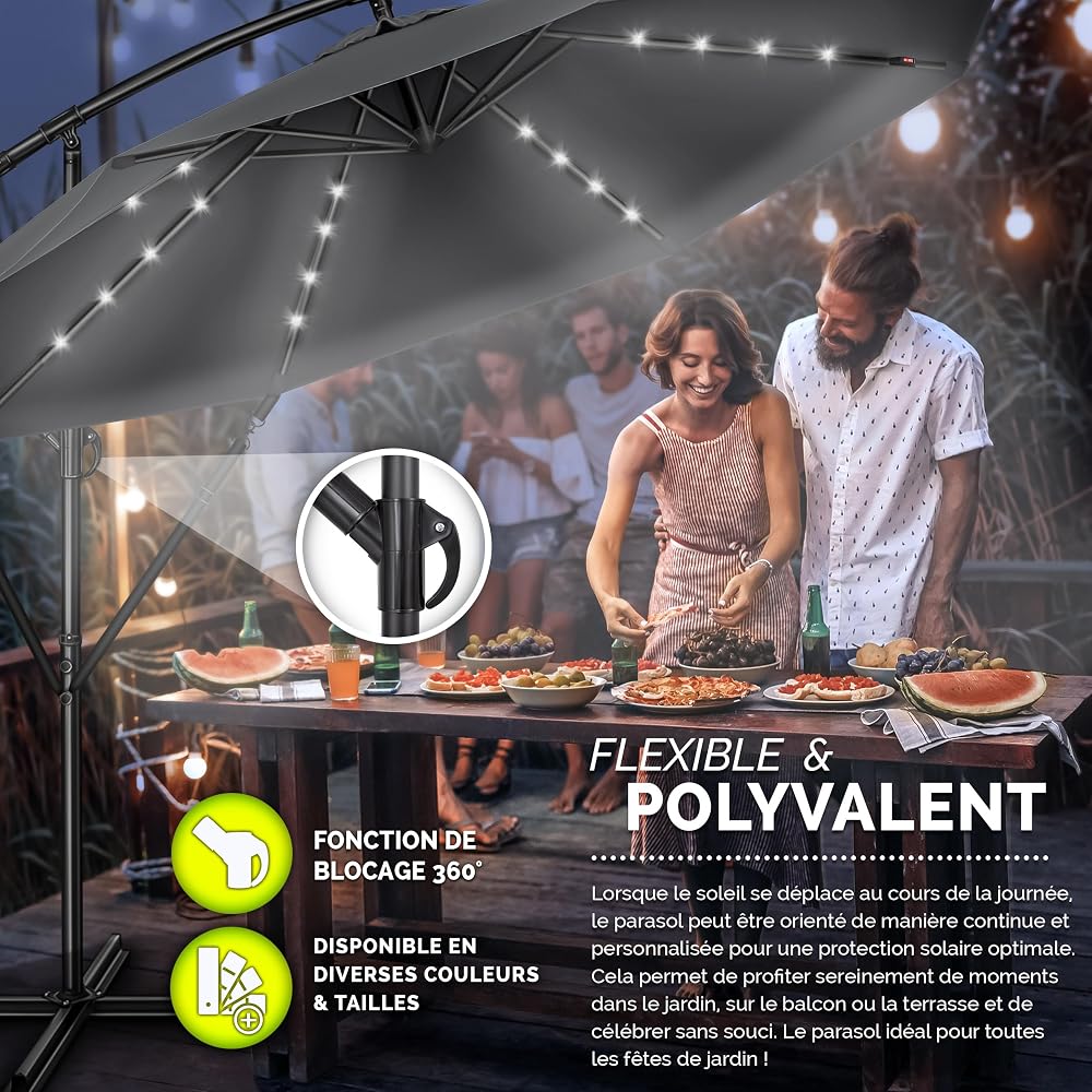 tillvex Parasol déporté LED solaire hexagonale 3M avec manivelle | Pare-soleil avec pied | Protection UV en aluminium pour le jardin | Parasol à manivelle pour le marché déperlant