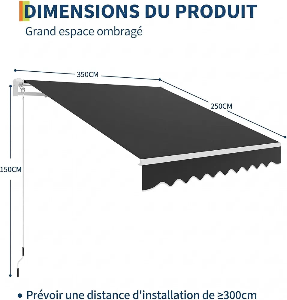 Garvee Store banne articulé extensionérieur 350x250cm – Protection UV50+, résistant à l'eau – Longueur et Angle réglables – Manivelle, Fixation fresquee – Idéal terrasse, Balcon – Noir, 11,5x8FT