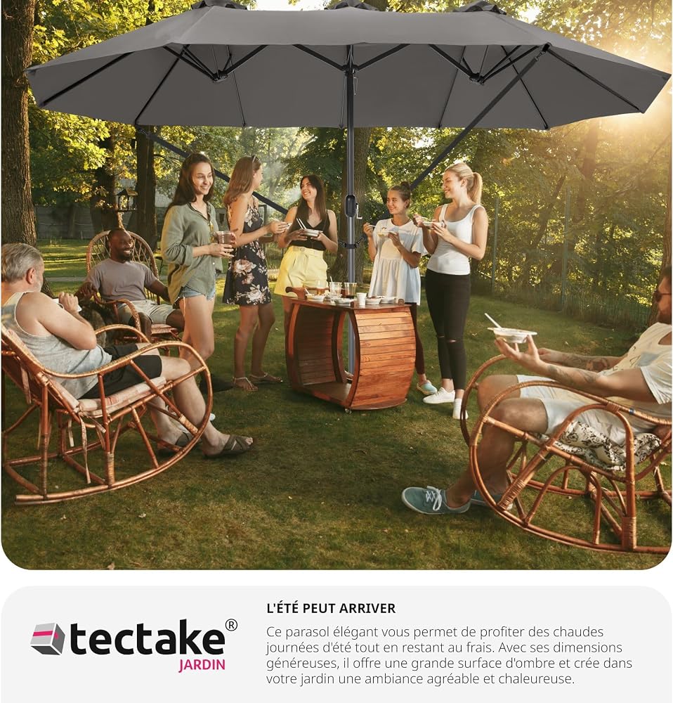 tectake® Parasol de Jardin Exterieur Parasol Double Rectangulaire à manivelle Cadre en Aluminium avec 1 Mât 460 x 270 x 241 cm, Protection UV 50+, Résistant au vent, pour Salon de jardin