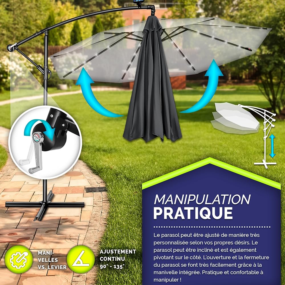 tillvex Parasol déporté LED solaire hexagonale 3M avec manivelle | Pare-soleil avec pied | Protection UV en aluminium pour le jardin | Parasol à manivelle pour le marché déperlant