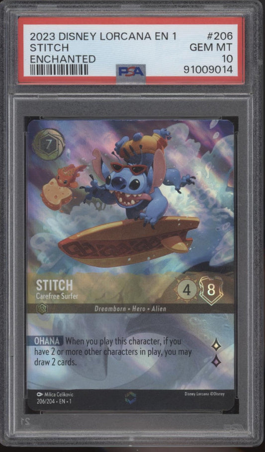 Stitch Carefree Surfer Disney Lorcana The First Chapter Enchanted #206 PSA 10