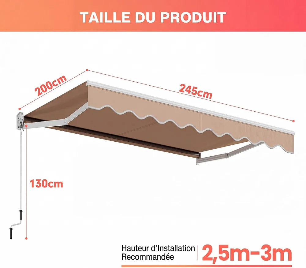 RELAX4LIFE Store Banne Manuel Rétractable avec Manivelle, Auvent Balcon en Polyester Anti-UV, Cadre en Alu, Inclinaison 40°-100°, Store Banne pour Porte, Fenêtre, Terrasse 