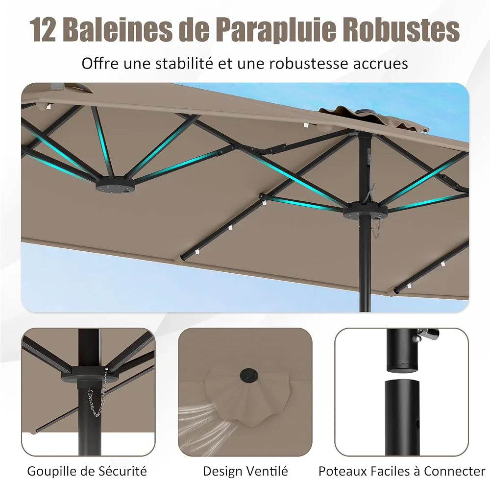 GOPLUS Grand Parasol de Jardin Exterieur avec Pied, 4M Parasol Rectangulaire Double Face pour 6 Personnes avec LED, Manivelle et Ventilation, pour Marché, Piscine, Terrasse, Balcon 