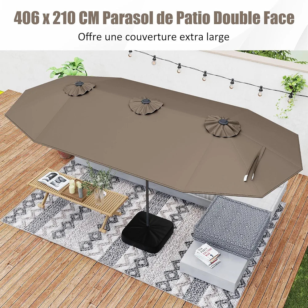GOPLUS Grand Parasol de Jardin Exterieur avec Pied, 4M Parasol Rectangulaire Double Face pour 6 Personnes avec LED, Manivelle et Ventilation, pour Marché, Piscine, Terrasse, Balcon 