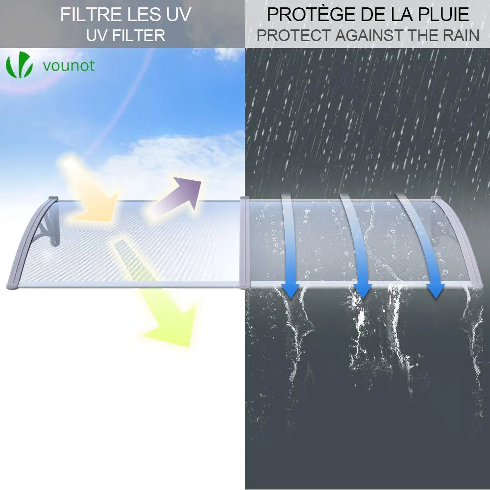 VOUNOT® Auvent de Porte d'entrée Toit Marquise en Polycarbonate Porte Résistante Toit Abri Protection Contre La Pluie et UV Gris Transparent 200cm*80cm
