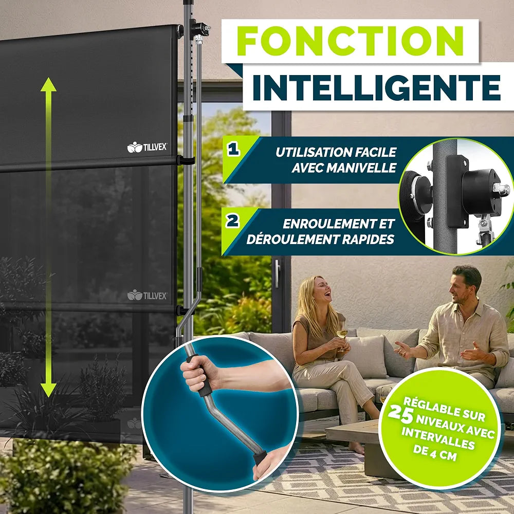 tillvex Store vertical 150 x 310 cm anthracite avec manivelle sans perçage | Brise-vue extensible et opaque | Store vertical pour balcon, terrasse, jardin | Store brise-vue résistant aux intempéries