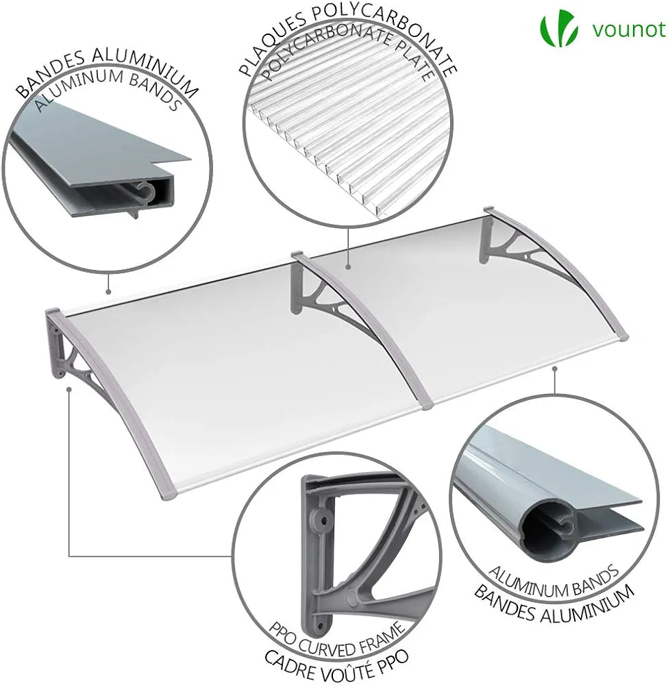 VOUNOT® Auvent de Porte d'entrée Toit Marquise en Polycarbonate Porte Résistante Toit Abri Protection Contre La Pluie et UV Gris Transparent 200cm*80cm