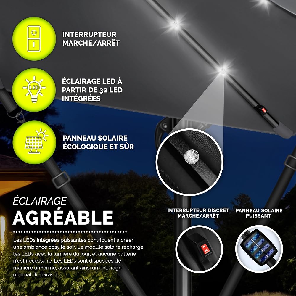 tillvex Parasol déporté LED solaire hexagonale 3M avec manivelle | Pare-soleil avec pied | Protection UV en aluminium pour le jardin | Parasol à manivelle pour le marché déperlant
