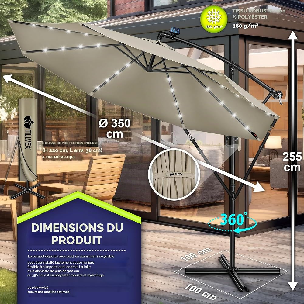 tillvex Parasol déporté LED solaire hexagonale 3M avec manivelle | Pare-soleil avec pied | Protection UV en aluminium pour le jardin | Parasol à manivelle pour le marché déperlant