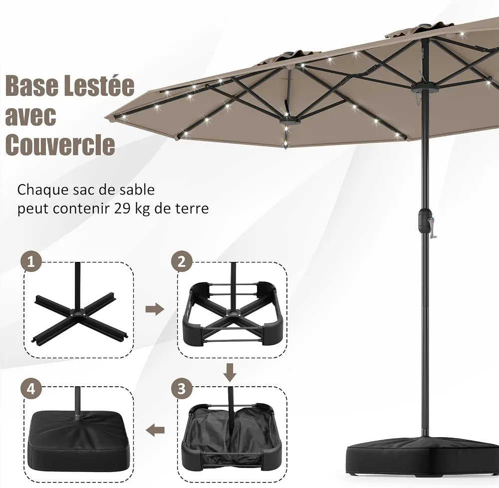 GOPLUS Grand Parasol de Jardin Exterieur avec Pied, 4M Parasol Rectangulaire Double Face pour 6 Personnes avec LED, Manivelle et Ventilation, pour Marché, Piscine, Terrasse, Balcon 