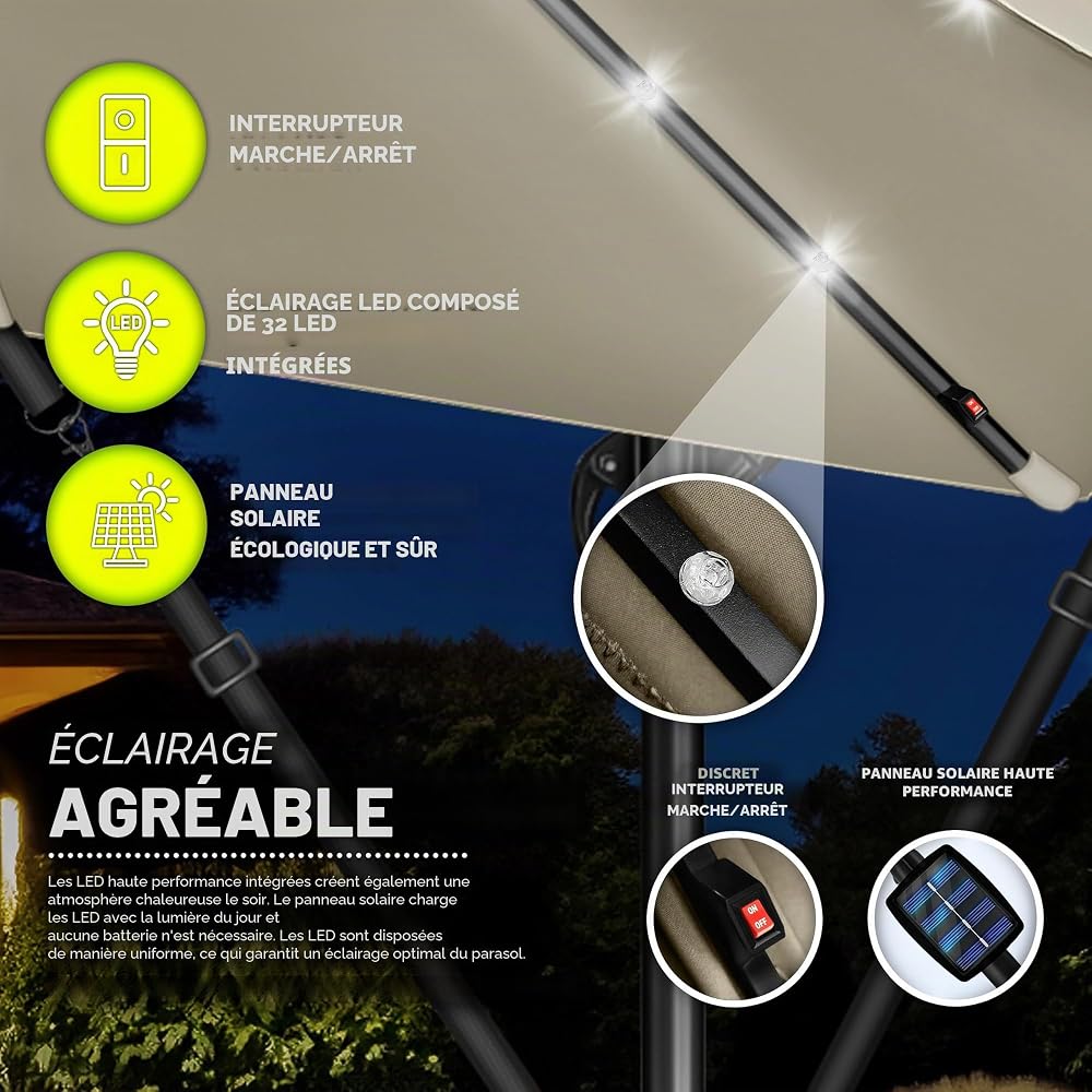 tillvex Parasol déporté LED solaire hexagonale 3M avec manivelle | Pare-soleil avec pied | Protection UV en aluminium pour le jardin | Parasol à manivelle pour le marché déperlant