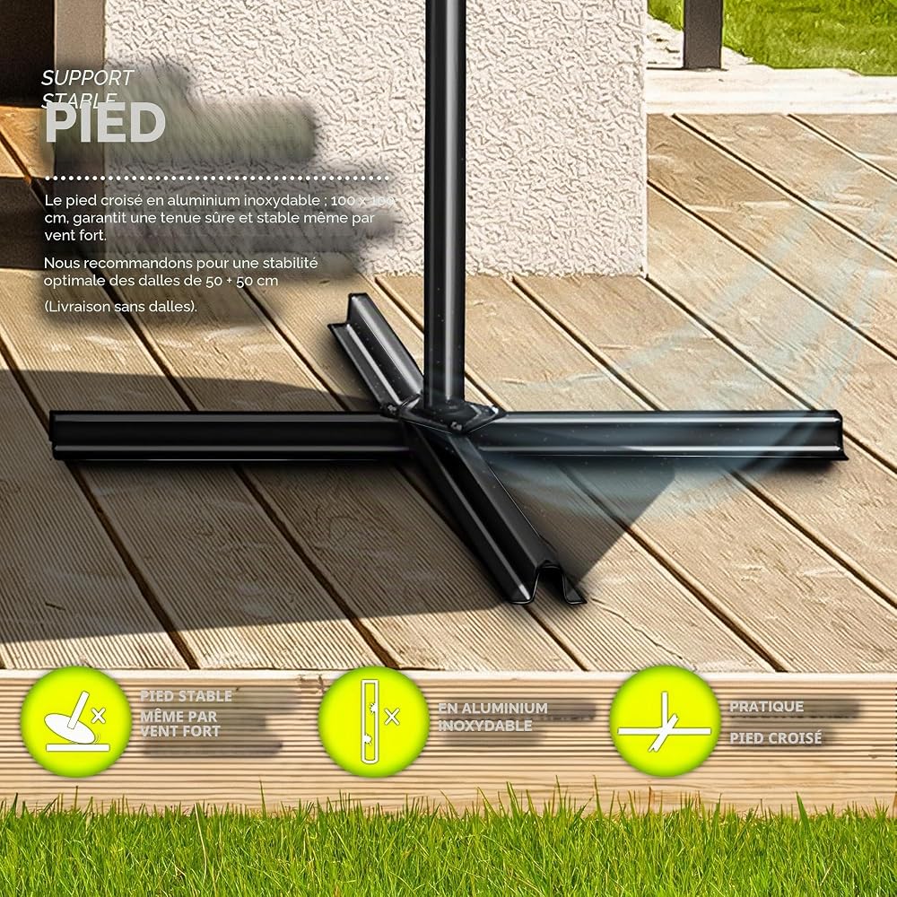 tillvex Parasol déporté LED solaire hexagonale 3M avec manivelle | Pare-soleil avec pied | Protection UV en aluminium pour le jardin | Parasol à manivelle pour le marché déperlant