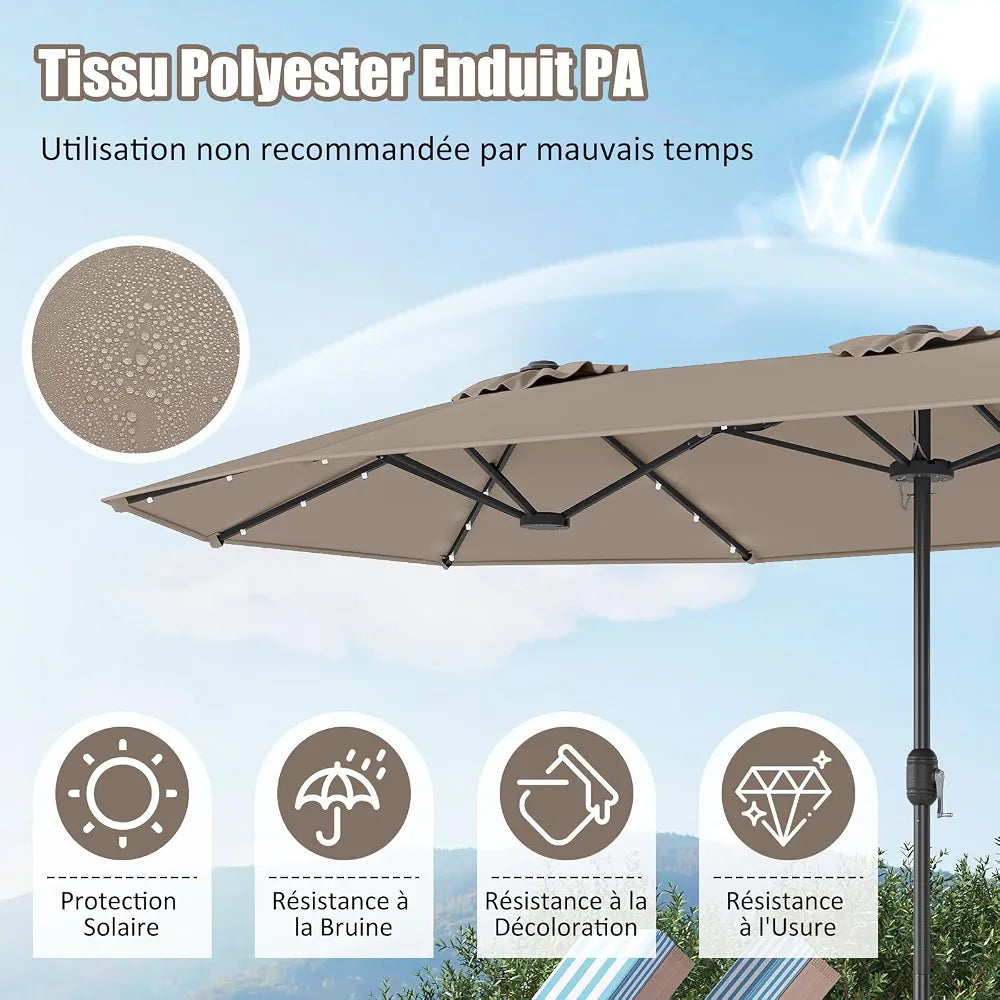 GOPLUS Grand Parasol de Jardin Exterieur avec Pied, 4M Parasol Rectangulaire Double Face pour 6 Personnes avec LED, Manivelle et Ventilation, pour Marché, Piscine, Terrasse, Balcon 