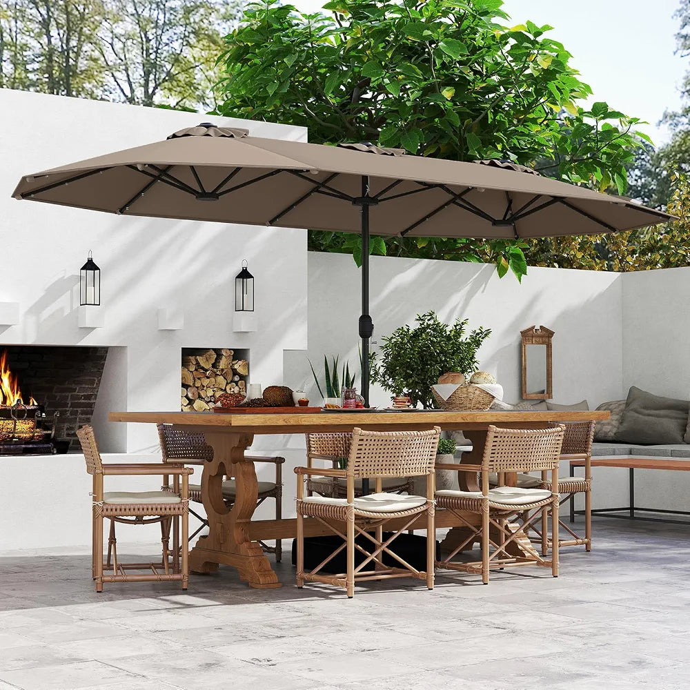 GOPLUS Grand Parasol de Jardin Exterieur avec Pied, 4M Parasol Rectangulaire Double Face pour 6 Personnes avec LED, Manivelle et Ventilation, pour Marché, Piscine, Terrasse, Balcon 