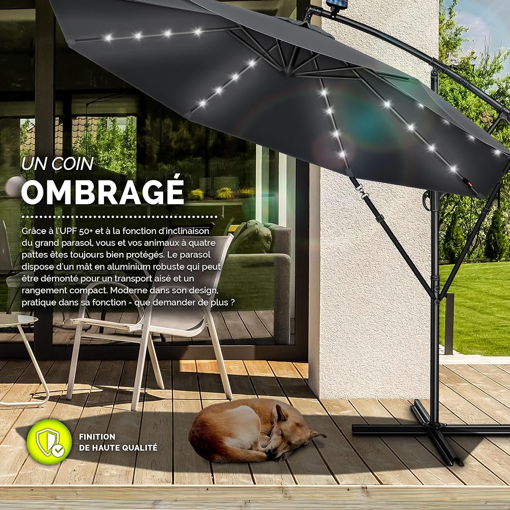 tillvex Parasol déporté LED solaire hexagonale 3M avec manivelle | Pare-soleil avec pied | Protection UV en aluminium pour le jardin | Parasol à manivelle pour le marché déperlant
