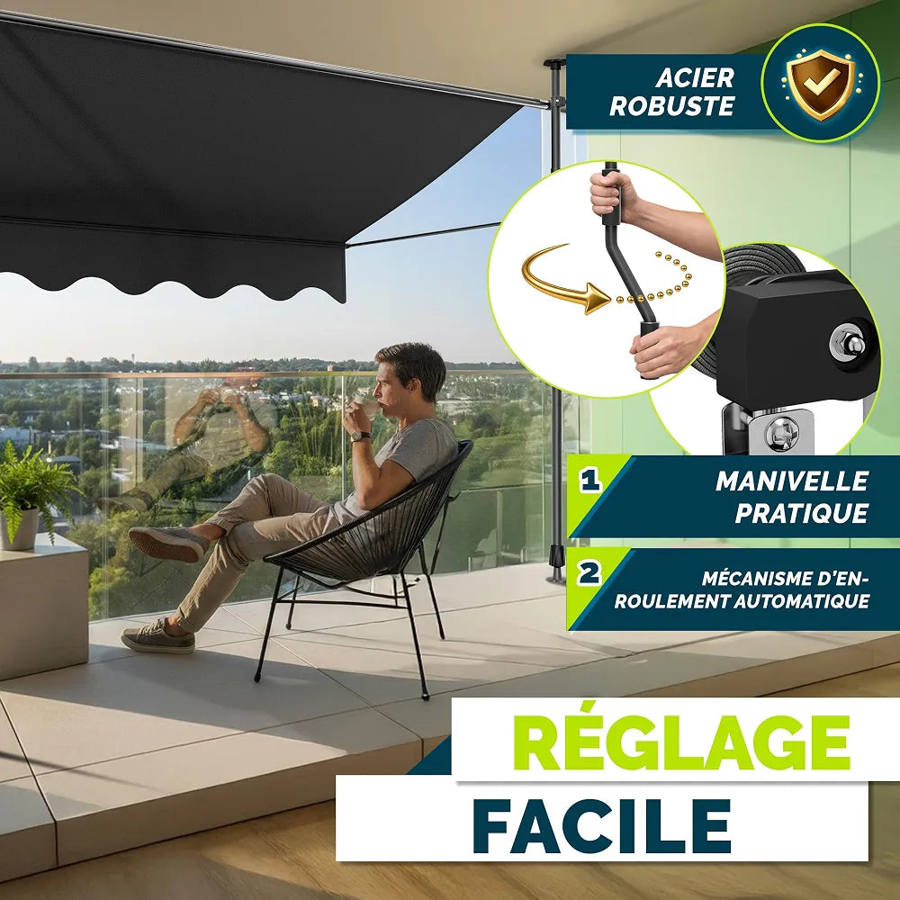 tillvex Store Banne Manuel rétractable avec manivelle pour Le Balcon | Marquise de terrasse sans percement | Marquise Soleil de Balcon auvent téléscopique 
