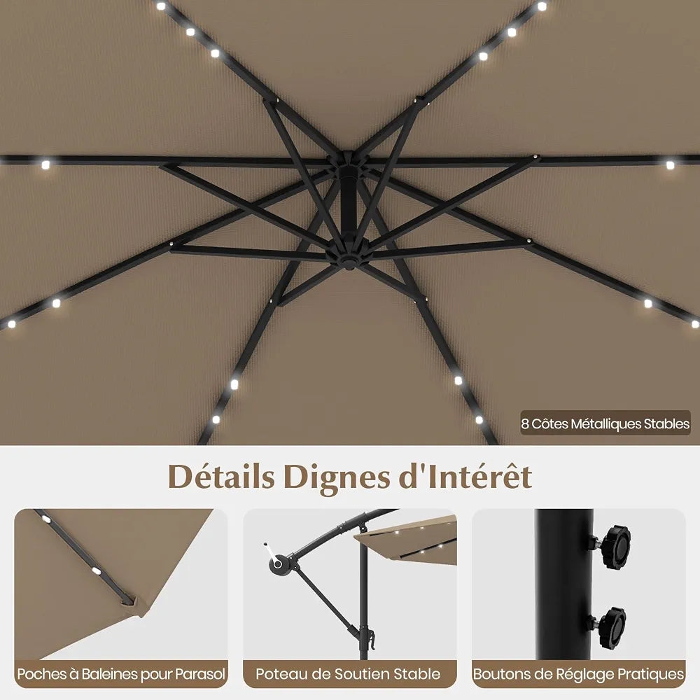 GOPLUS Parasol de Jardin Extérieur avec Pied, Parasol Déporté 3x3M, avec 40 Lampes Solaires, Toile Inclinable, Manivelle, 8 Baleines, Anti-UV, pour Terrasse Cour Patio 