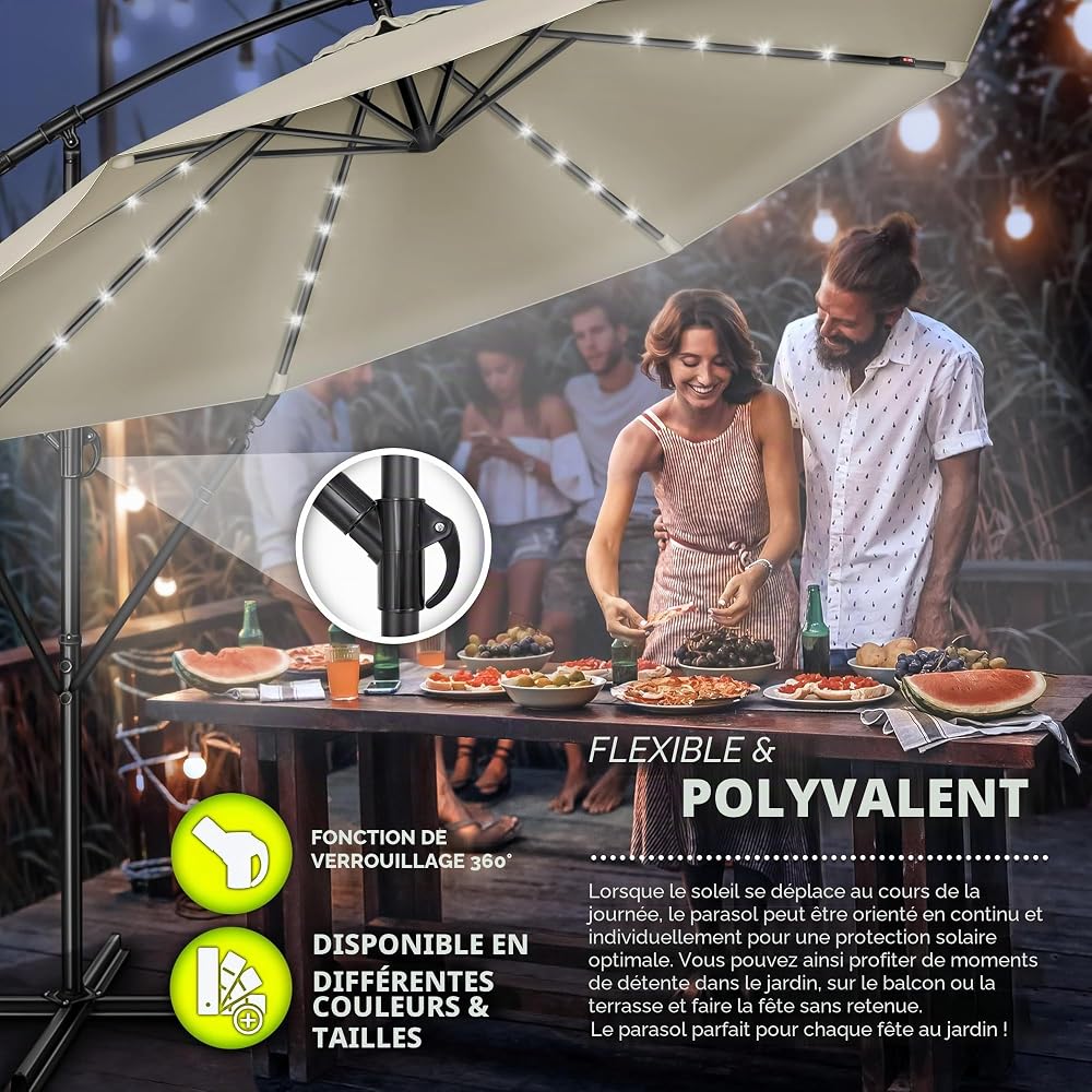 tillvex Parasol déporté LED solaire hexagonale 3M avec manivelle | Pare-soleil avec pied | Protection UV en aluminium pour le jardin | Parasol à manivelle pour le marché déperlant