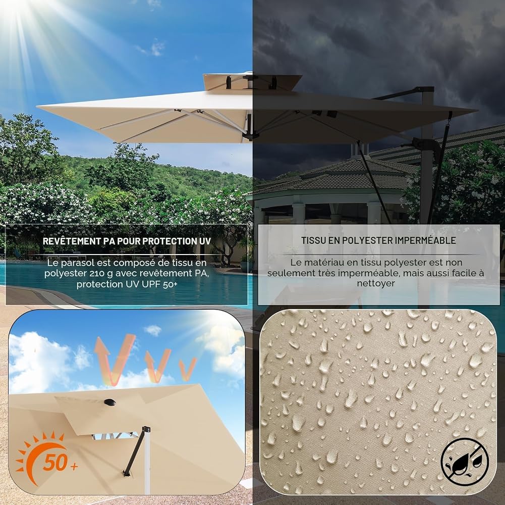 Devoko Parasol Déporté Carré, Canopée Monocouche Parasol de Jardin Extérieur en Aluminium Inclinable Toile Protection UV50+ avec Housse de Protection pour Balcon Patio Terrasse