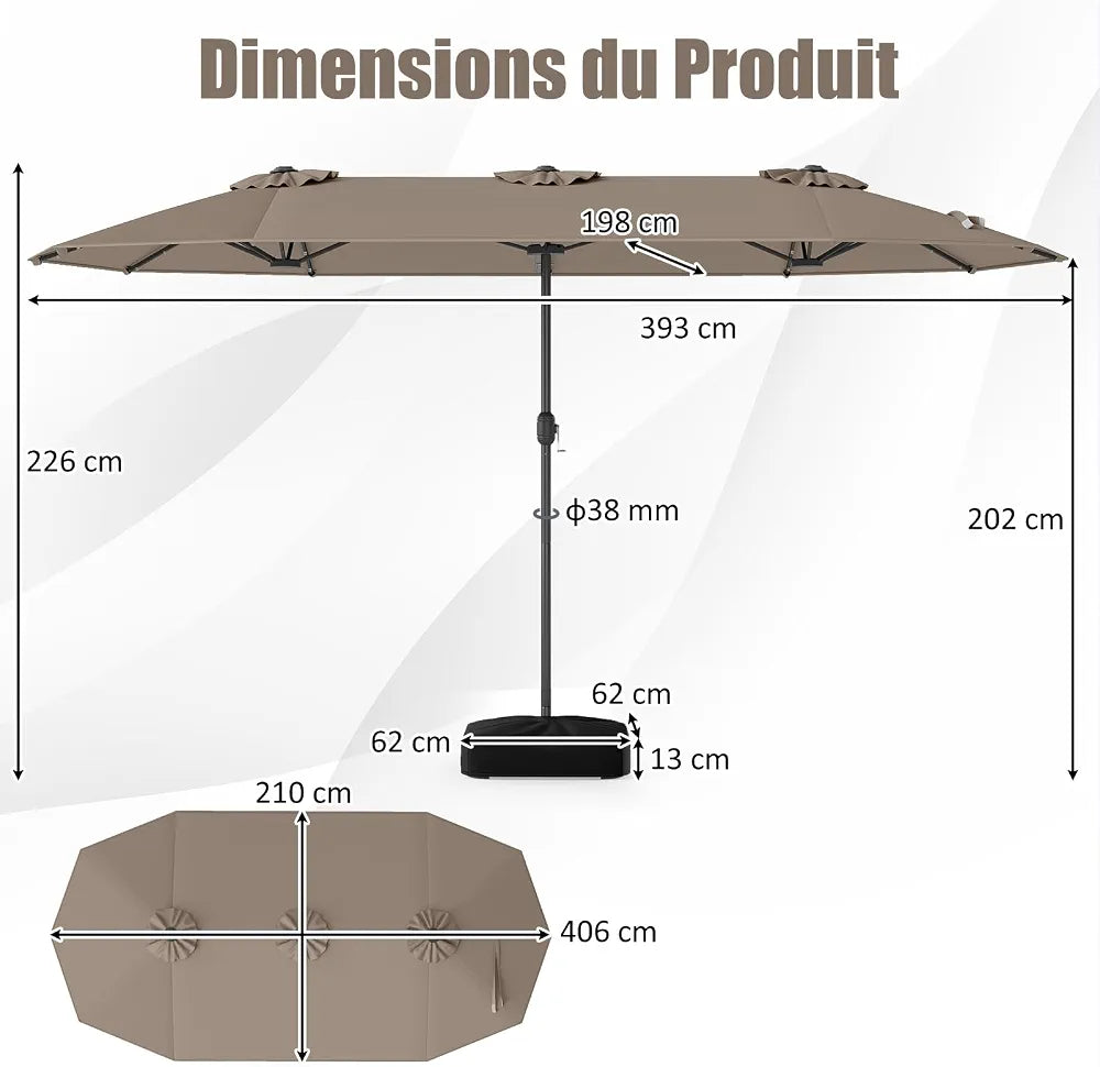 GOPLUS Grand Parasol de Jardin Exterieur avec Pied, 4M Parasol Rectangulaire Double Face pour 6 Personnes avec LED, Manivelle et Ventilation, pour Marché, Piscine, Terrasse, Balcon 