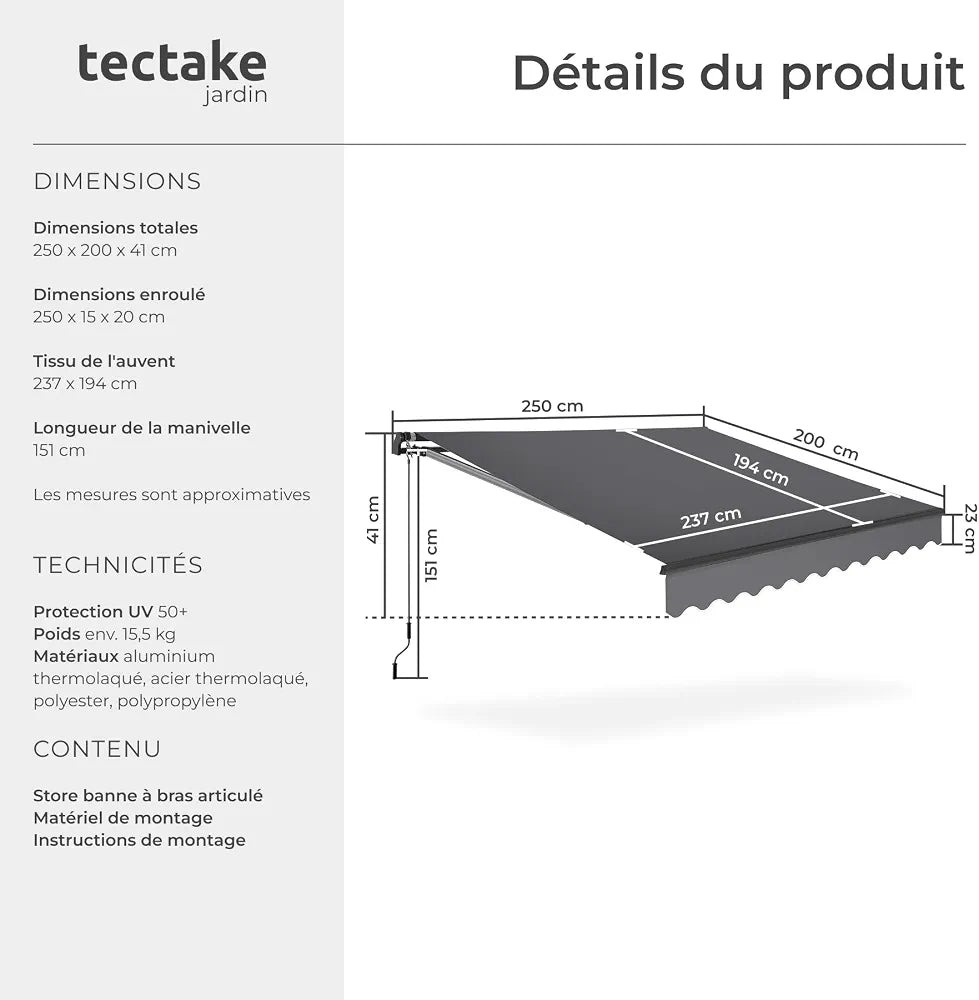 tectake® Store banne Manuel Marquise avec Manivelle Auvent de terrasse Pare Soleil Multi-Fonction Store Exterieur terrasse Enroulable Brise Soleil en Aluminium laqué époxy - Gris foncé, 250 x 200 cm