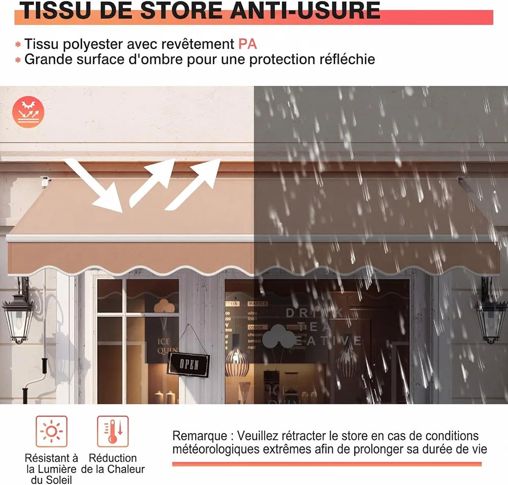RELAX4LIFE Store Banne Manuel Rétractable avec Manivelle, Auvent Balcon en Polyester Anti-UV, Cadre en Alu, Inclinaison 40°-100°, Store Banne pour Porte, Fenêtre, Terrasse 