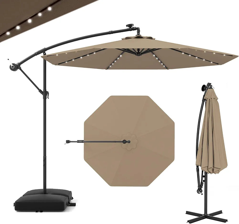 GOPLUS Parasol de Jardin Extérieur avec Pied, Parasol Déporté 3x3M, avec 40 Lampes Solaires, Toile Inclinable, Manivelle, 8 Baleines, Anti-UV, pour Terrasse Cour Patio 