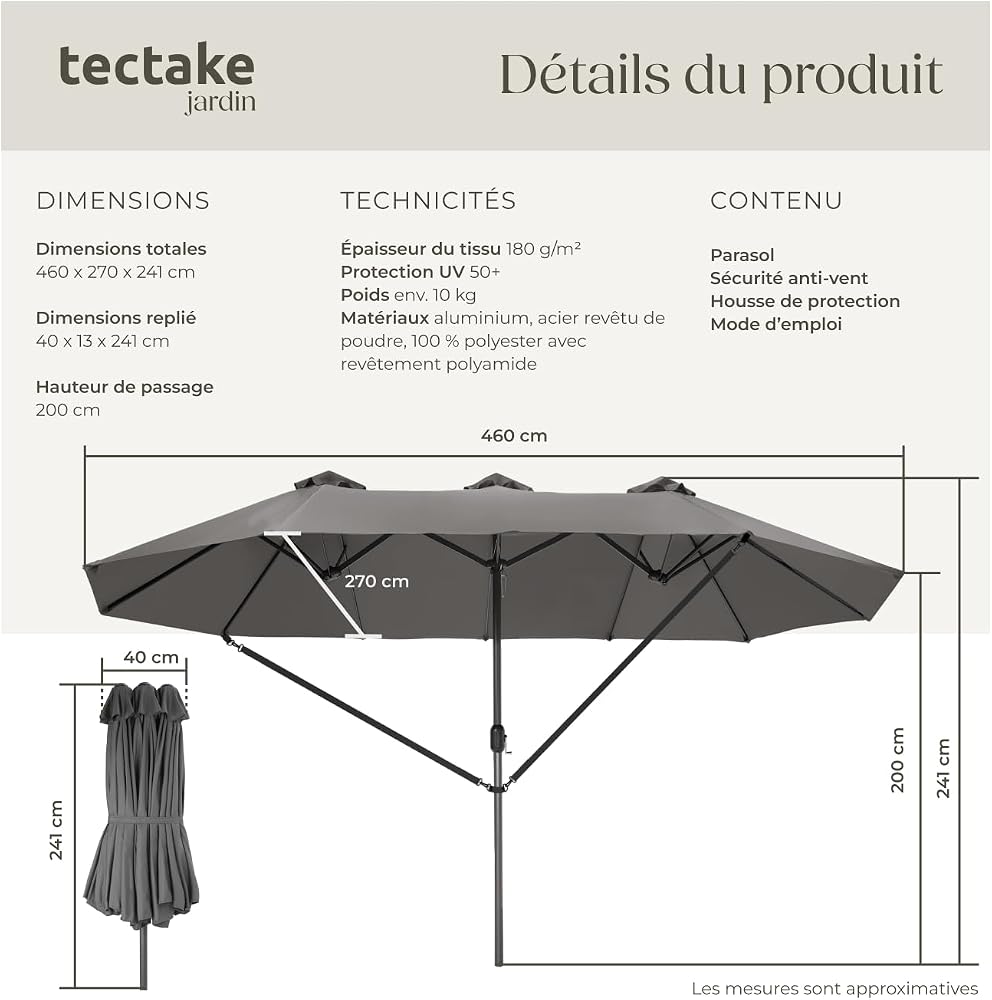 tectake® Parasol de Jardin Exterieur Parasol Double Rectangulaire à manivelle Cadre en Aluminium avec 1 Mât 460 x 270 x 241 cm, Protection UV 50+, Résistant au vent, pour Salon de jardin