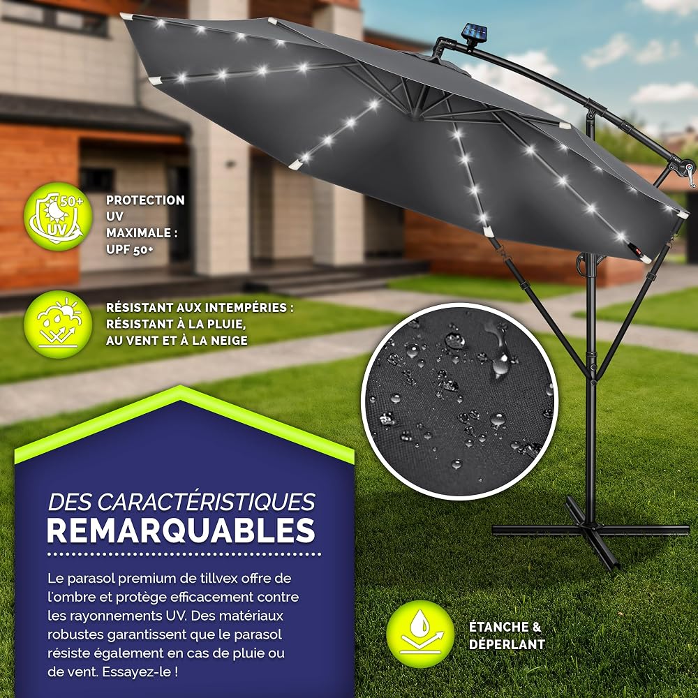 tillvex Parasol déporté LED solaire hexagonale 3M avec manivelle | Pare-soleil avec pied | Protection UV en aluminium pour le jardin | Parasol à manivelle pour le marché déperlant