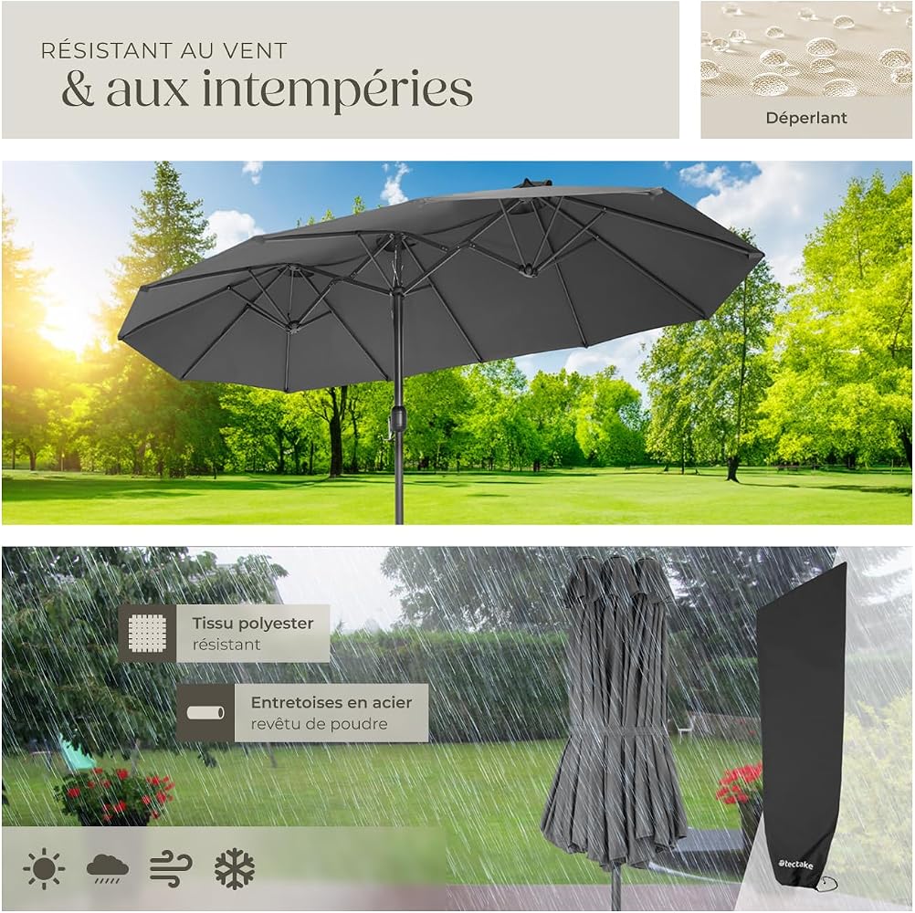 tectake® Parasol de Jardin Exterieur Parasol Double Rectangulaire à manivelle Cadre en Aluminium avec 1 Mât 460 x 270 x 241 cm, Protection UV 50+, Résistant au vent, pour Salon de jardin
