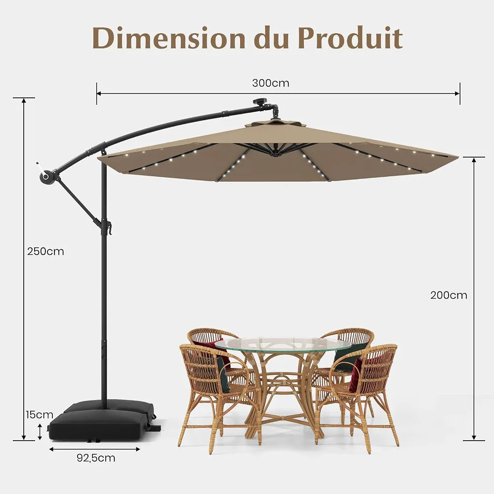 GOPLUS Parasol de Jardin Extérieur avec Pied, Parasol Déporté 3x3M, avec 40 Lampes Solaires, Toile Inclinable, Manivelle, 8 Baleines, Anti-UV, pour Terrasse Cour Patio 
